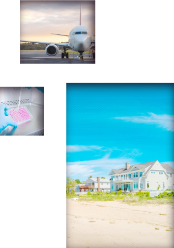 Photo collage of beach houses, an airplane, and medicine