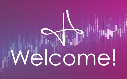Symphony Risk Logo with Welcome! over pink background with plus signs