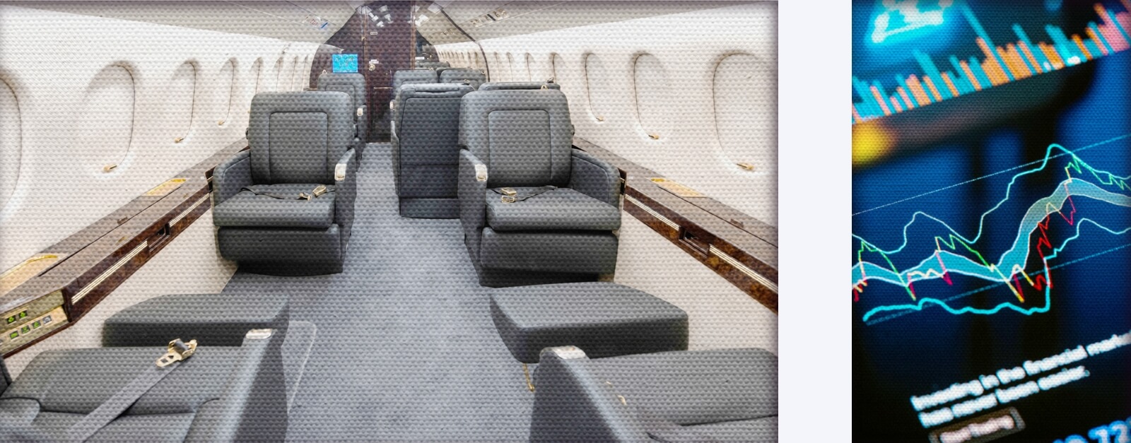 Private jet and colorful graphs on screen